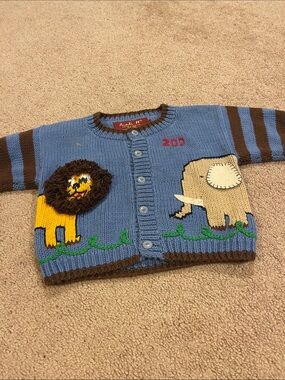 Blue Animal Knit Cardigan with Lion & Elephant